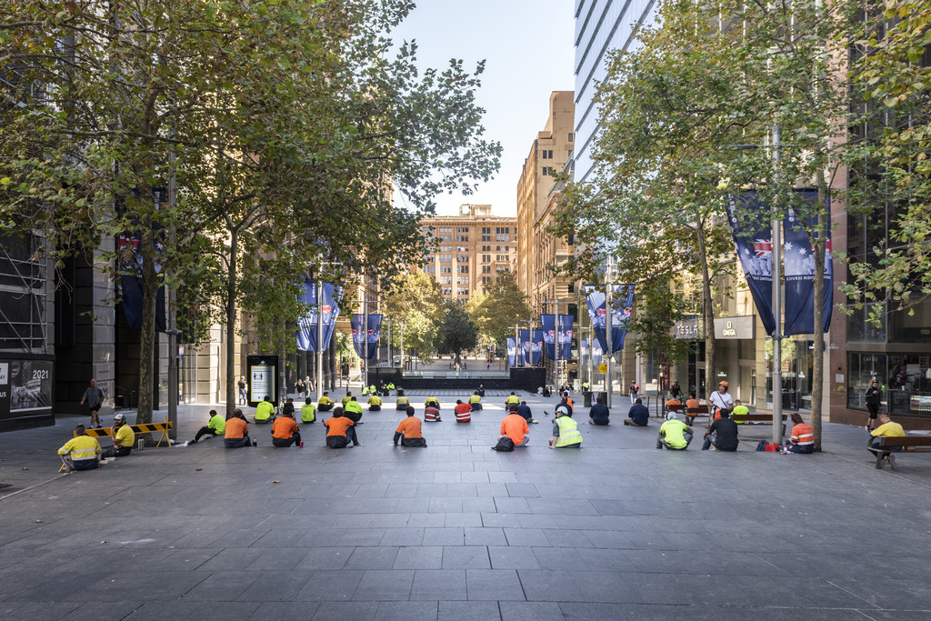 Item 07: Construction workers practice social distancing during lunch break at Martin Place, Sydney, New South Wales, 17 April 2020