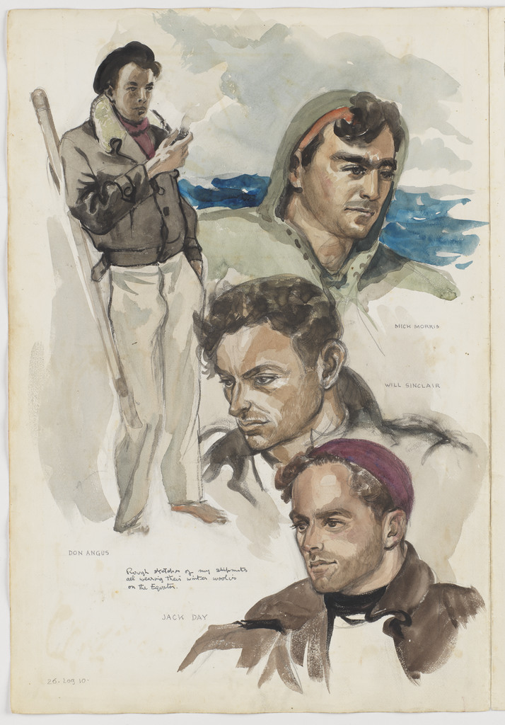 [Portraits of my four shipmates], Kathleen's voyage, Jamaica, Panama Canal and on to Fakarava Atoll and Tahiti, 1948, Log 10