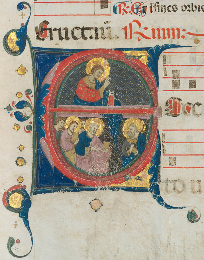 Letter ‘E’ illustrating the sending of the apostles from Antiphonal : Common of the Saints [music] [manuscript on vellum, 1328] [Neri da Rimini]