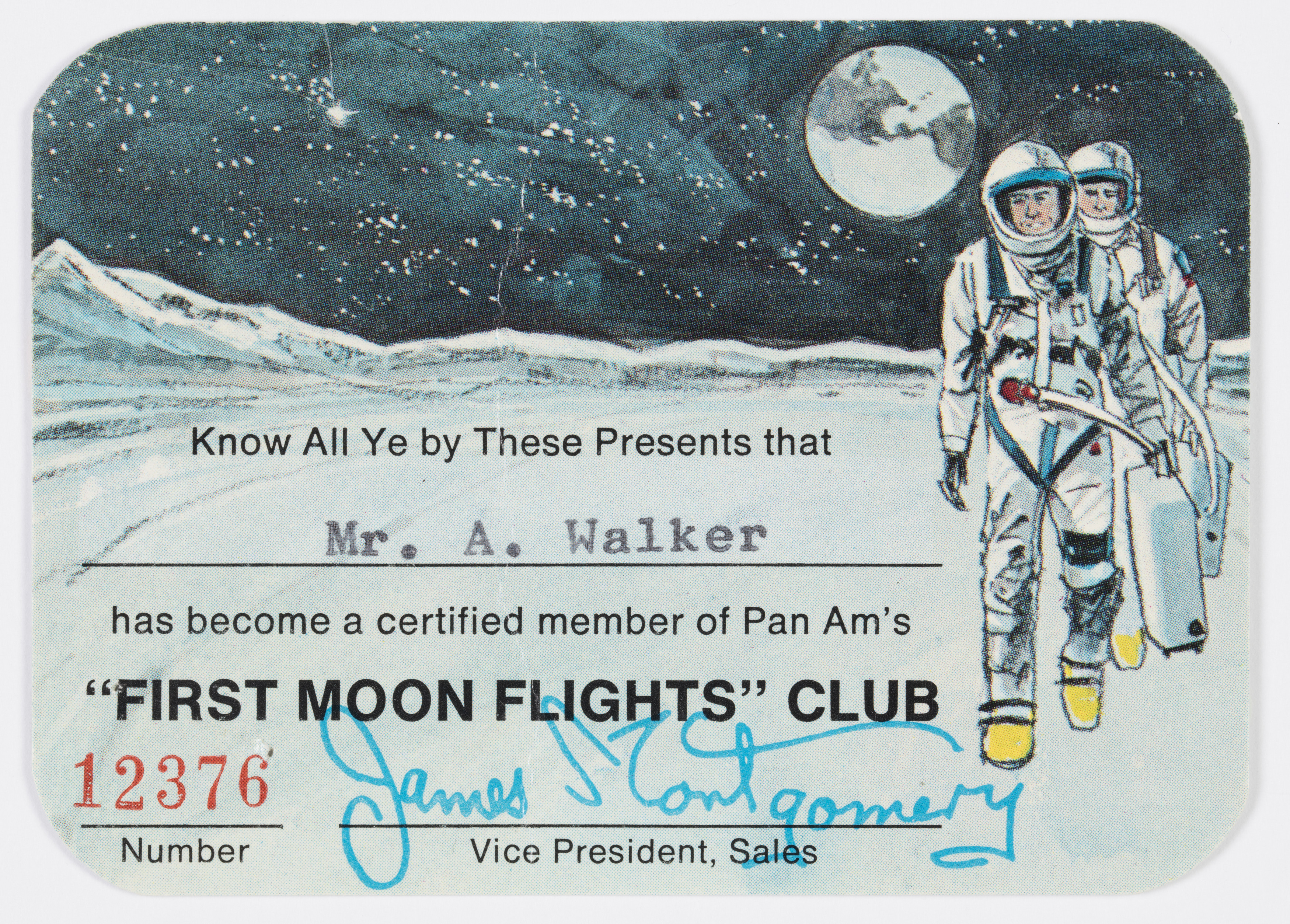 A membership card for the First Moon Flights Club.