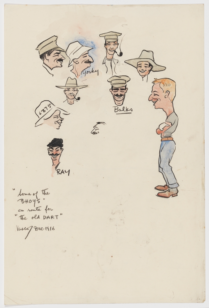 A coloured sketch of eight male faces and one partial face, and a blond-haired man standing to their right.