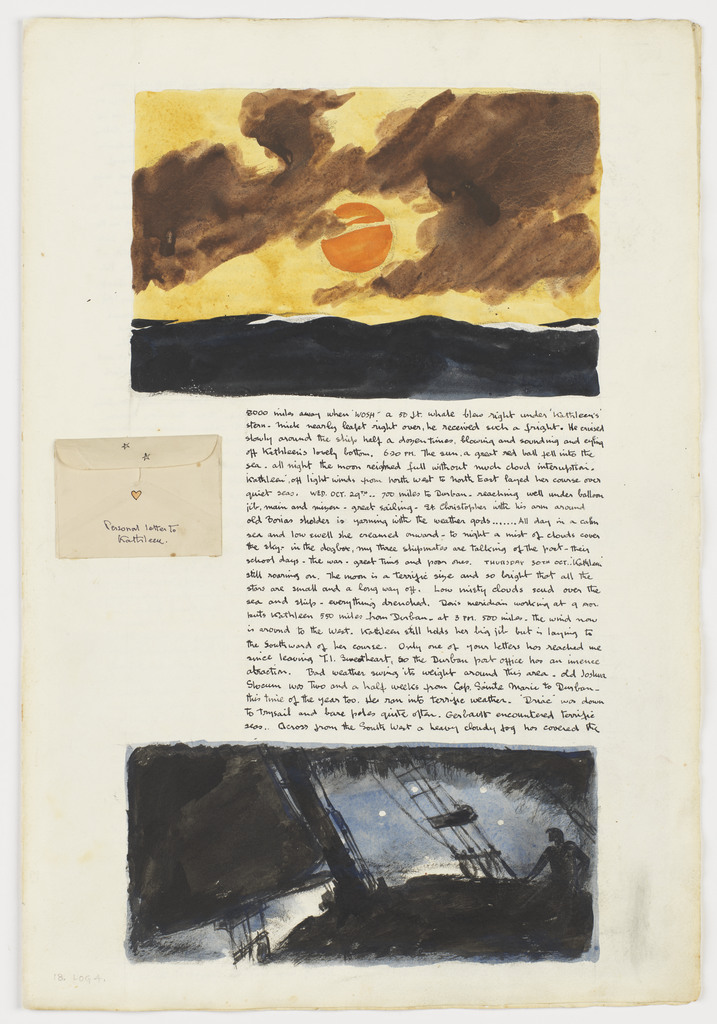 Setting sun & starry night with personal letter to Kathleen - 5,000 miles away: Oct. 1947: Kathleen's Voyage: Mauritious [Mauritius] to Durban: Log 4