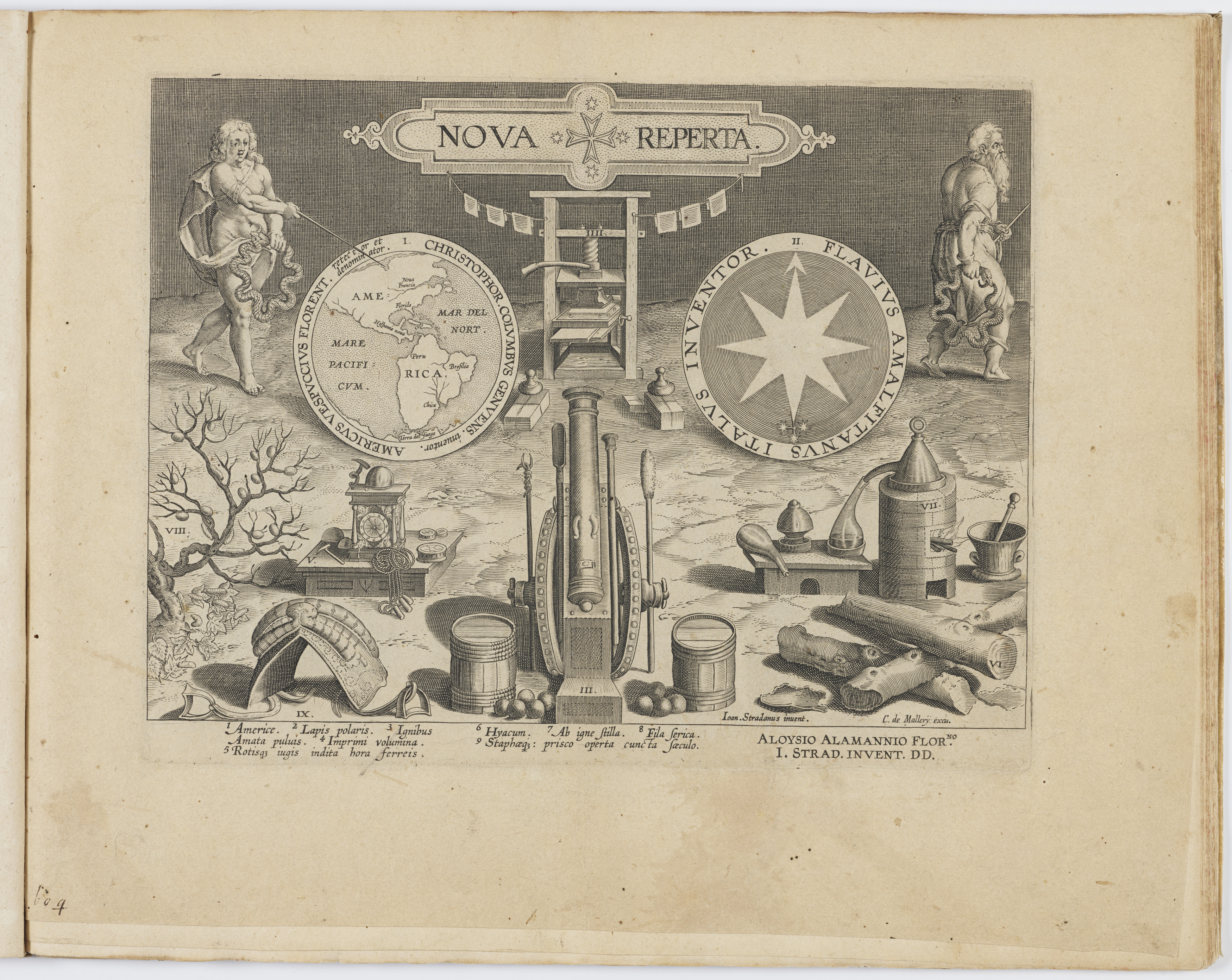 Black and white title page with depictions of several inventions.