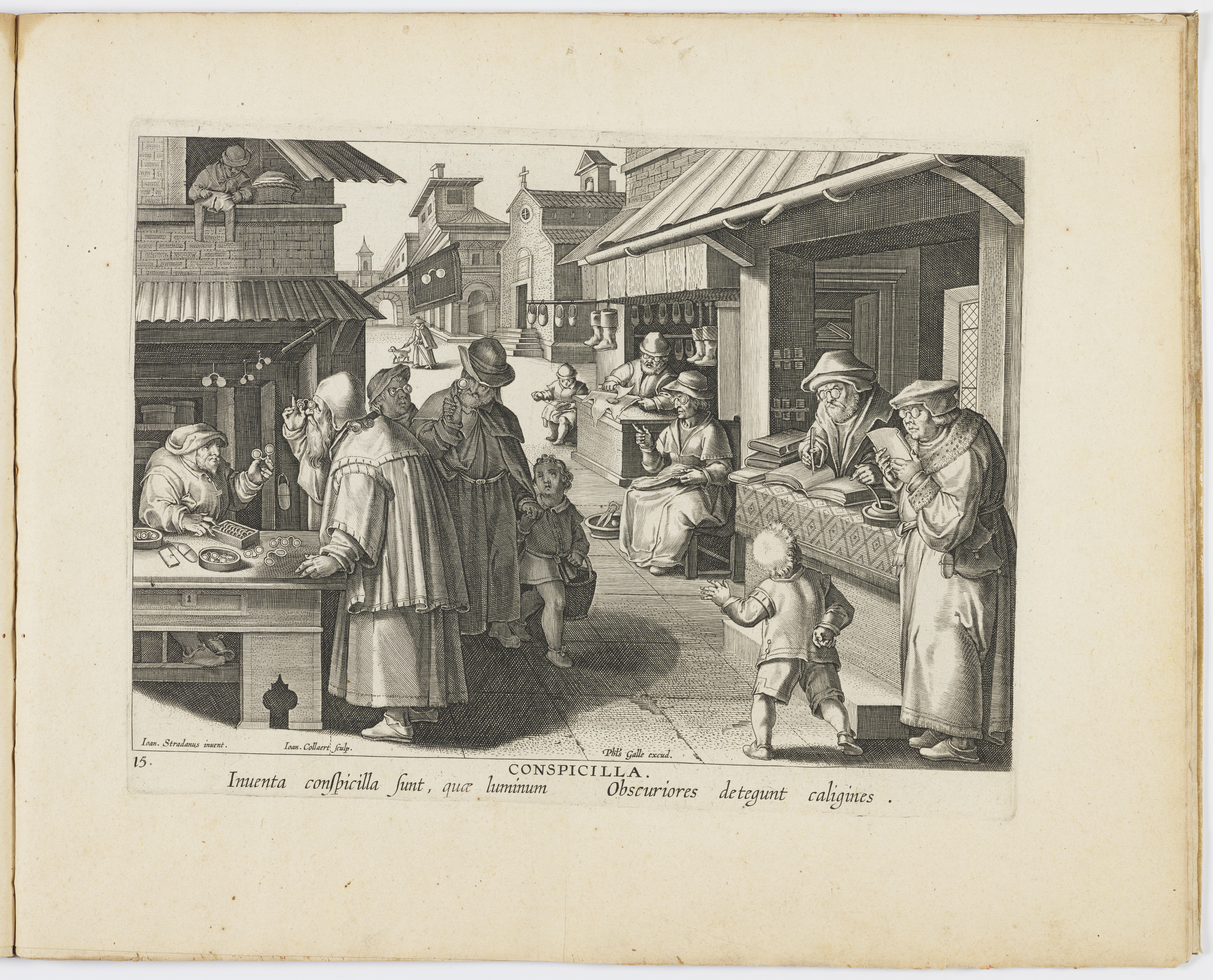 Black and white engraved street scene with people wearing eyeglasses.