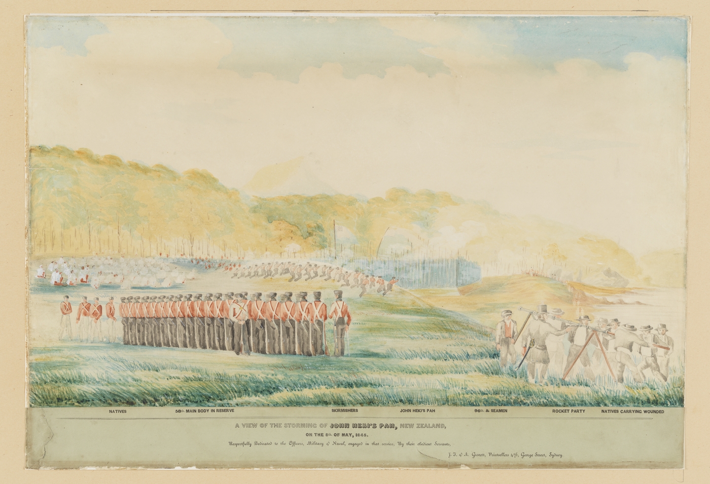 A view of the storming of John Heki's pah, New Zealand, on the 8th. of May 1845.