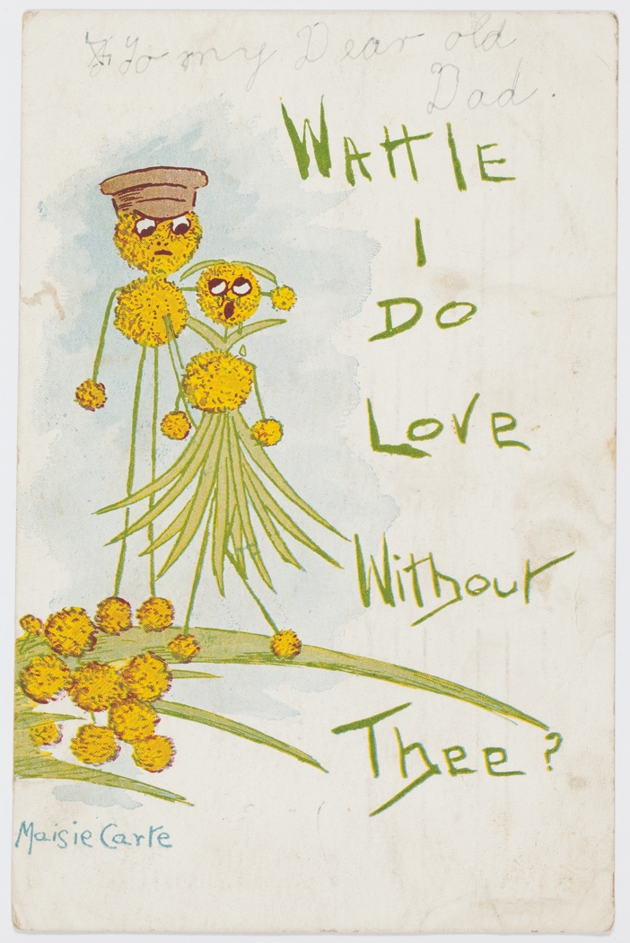 Card with cartoon wattle speaking to each other. 'Wattle I do love without thee'