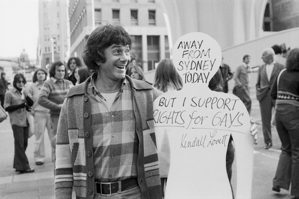 Freedom march: Placard held by Ron Owen: 'Away from Sydney today but I support Rights for Gays - Kendall Lovett', Martin Place, Sydney. Geoff Friend Collection