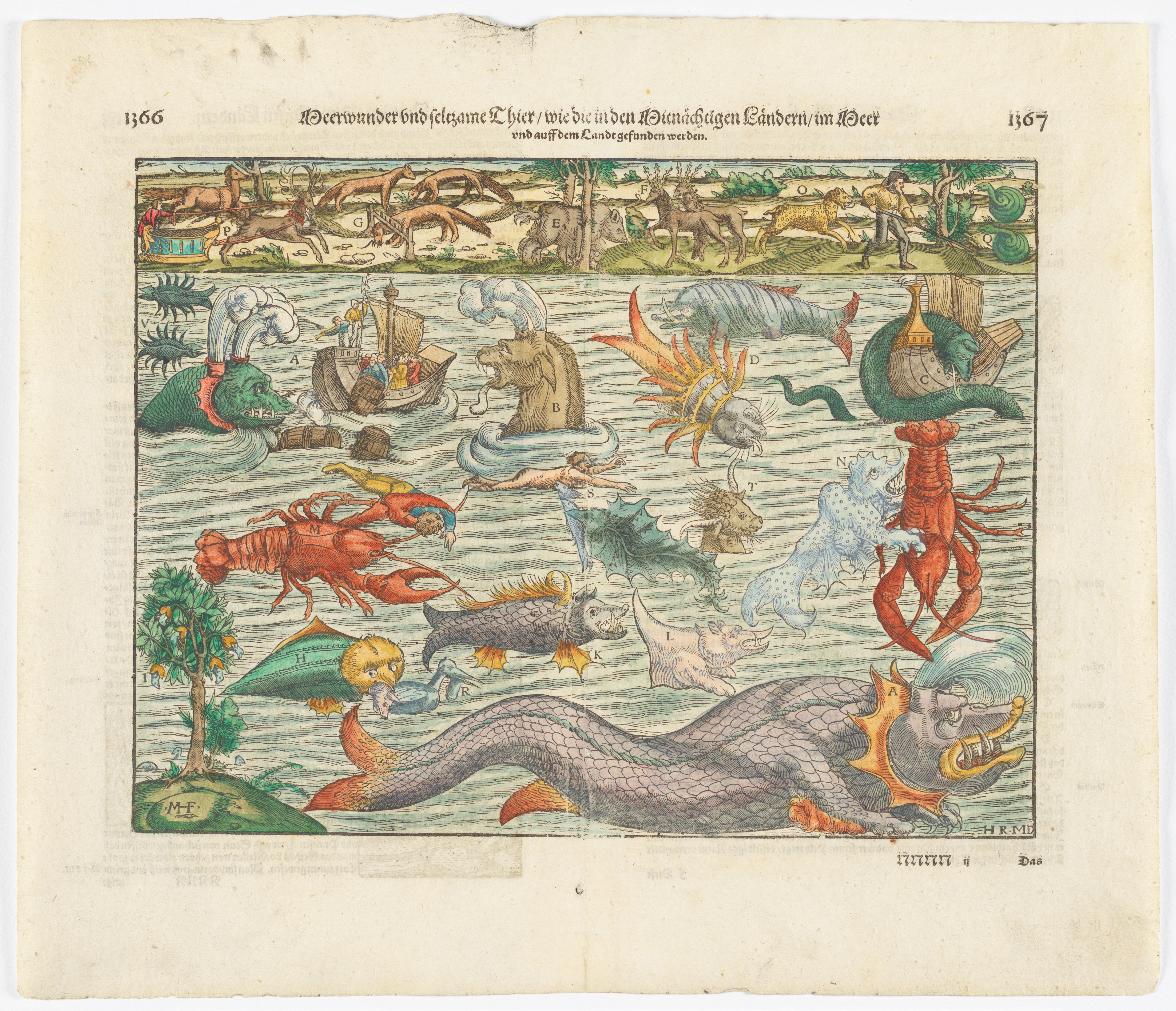 A hand-coloured woodcut depicting sea monsters in the ocean.